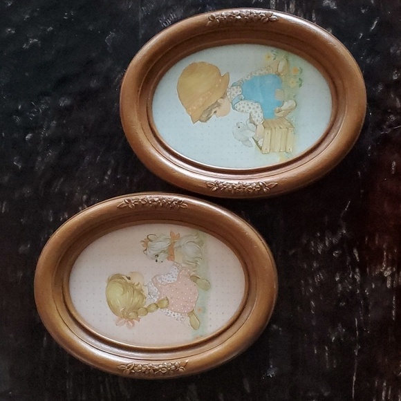 Vintage Other - VINTAGE PAIR OF OVAL PORTRAITS BOY AND GIRL WALL DECOR PICTURES Puppies Overalls